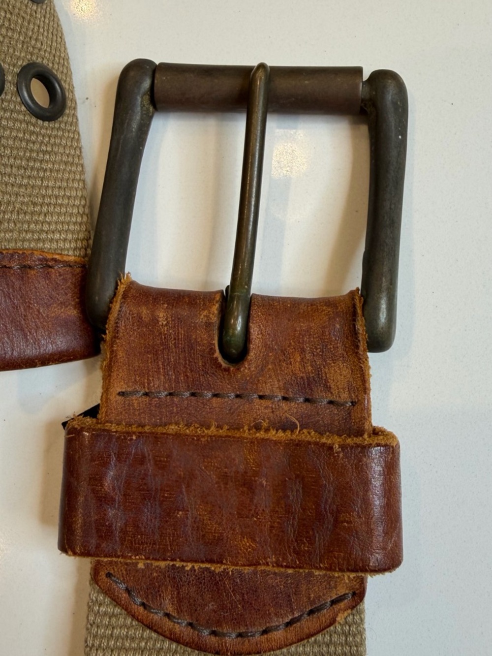 Men's Brown Leather & Canvas Belt Bag Strap with Metal Buckle